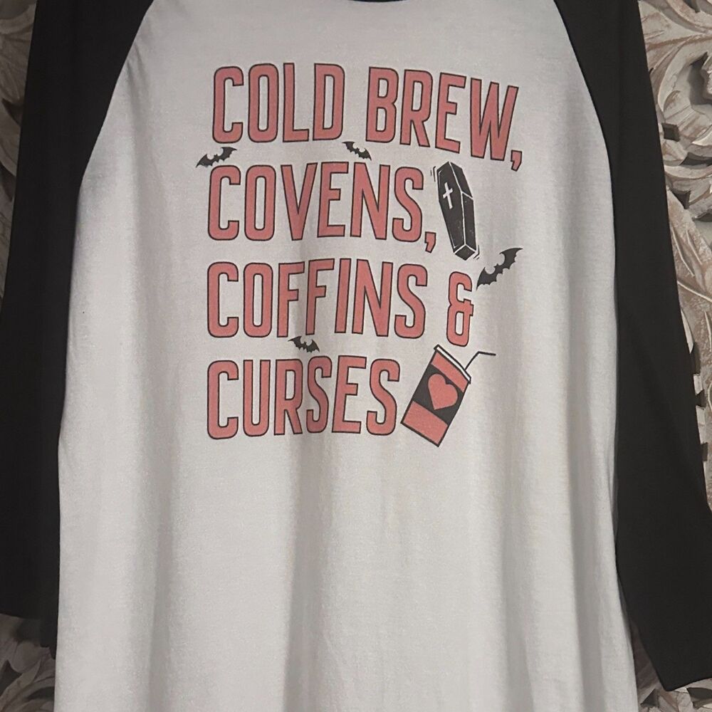 “Cold Brew, Covens, Coffins, & Curses” Baseball Tee X-Large by Hippie Runner